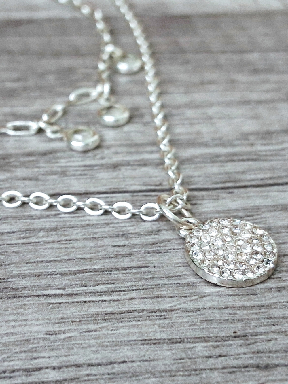 Silver Layered Rhinestone Disc Charm Necklace - Adjustable - Picture 3 of 4
